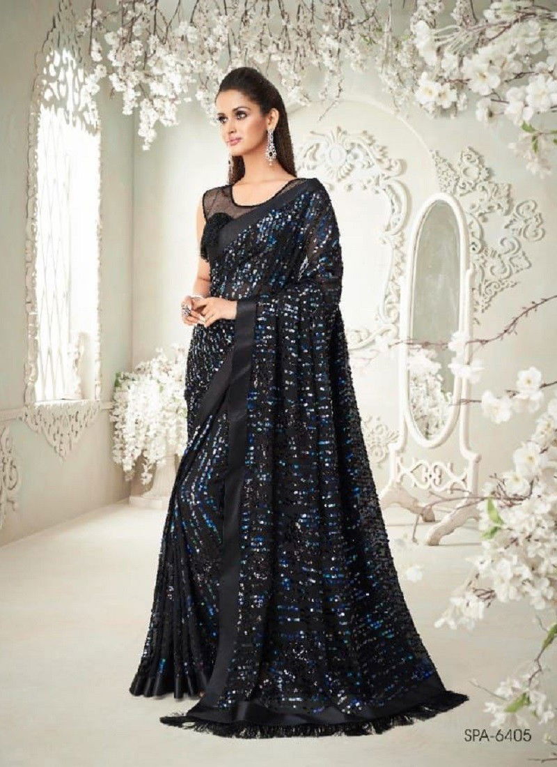 Black Sparkle Hit Design TFH New Latest Party Wear Soft Georgette Saree Collection 6405